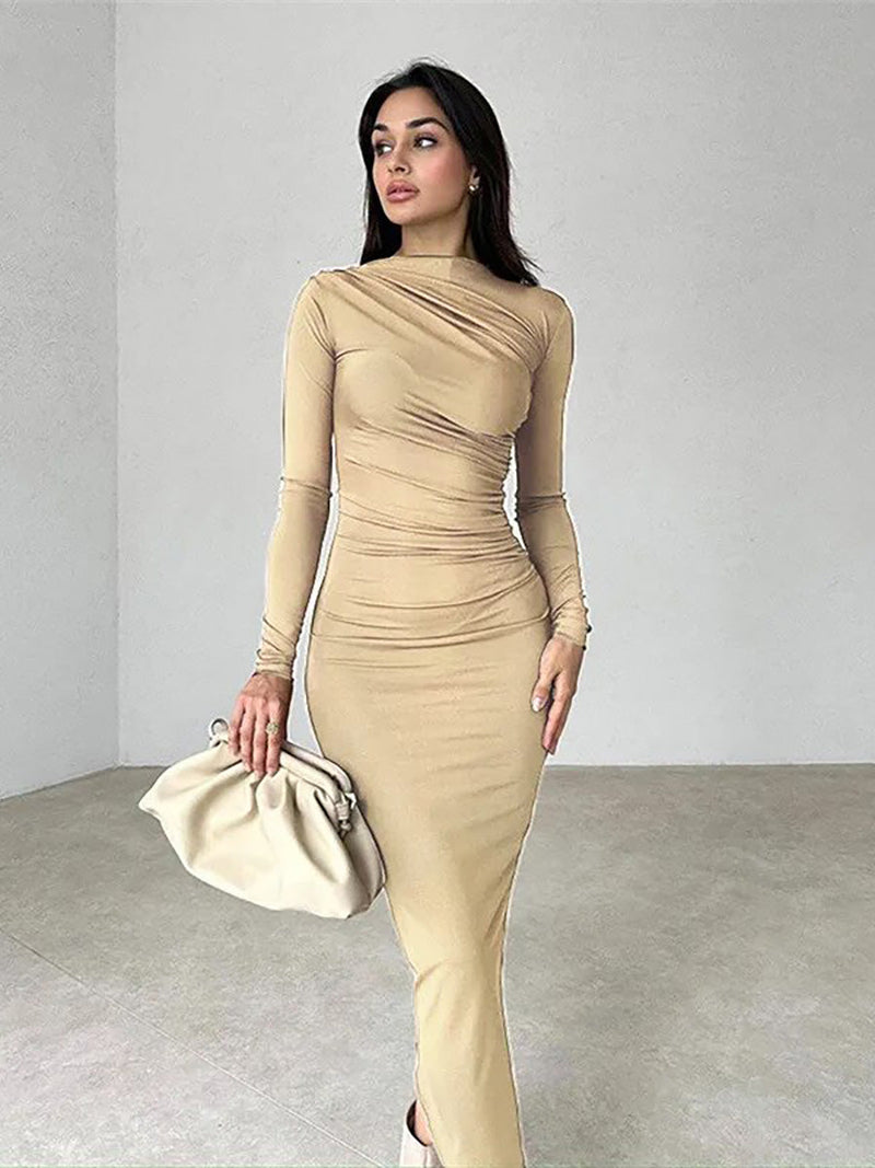 Round Neck Long Sleeve Slim Fit Wrap Hip Maxi Dress - Rown