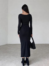 Round Neck Long Sleeve Slim Fit Wrap Hip Maxi Dress - Rown