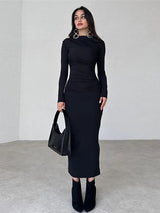 Round Neck Long Sleeve Slim Fit Wrap Hip Maxi Dress - Rown