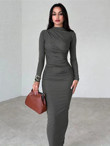 Round Neck Long Sleeve Slim Fit Wrap Hip Maxi Dress - Rown