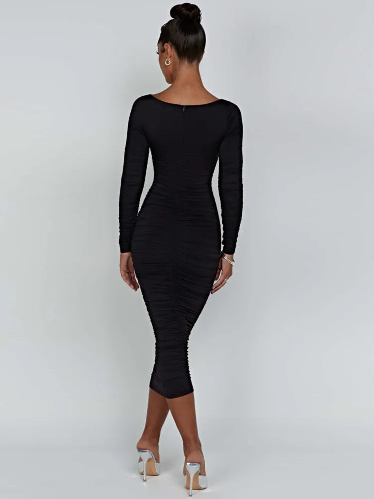 Ruched Square Collar Bodycon Midi Dress Rown