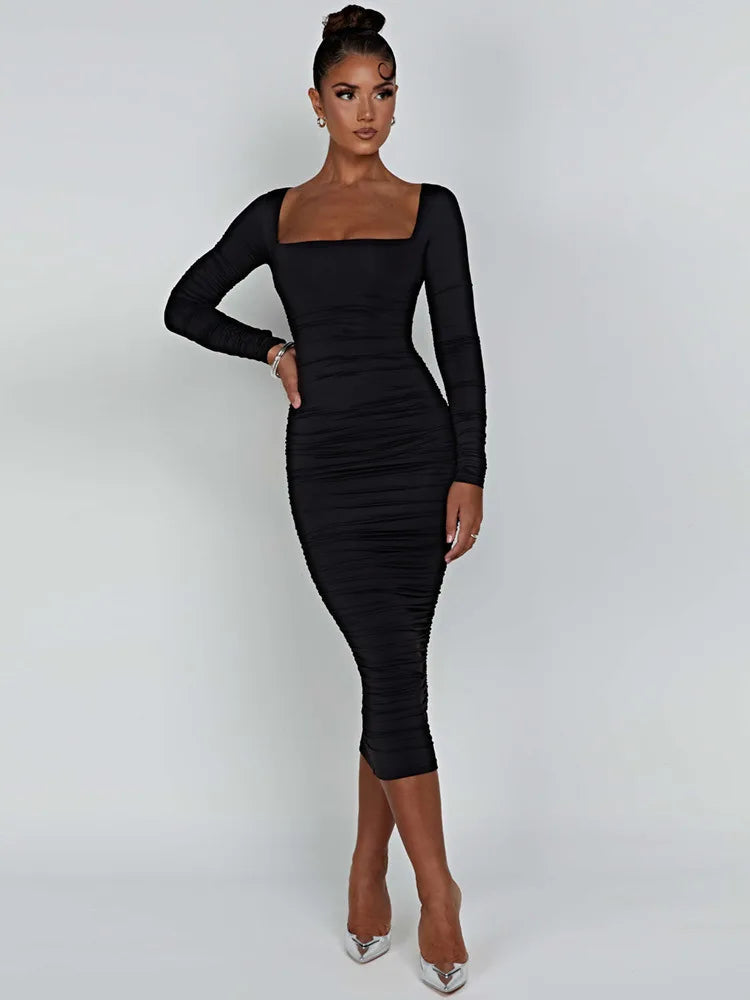 Ruched Square Collar Bodycon Midi Dress Rown