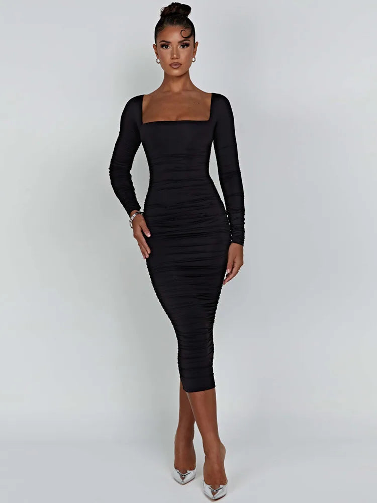 Ruched Square Collar Bodycon Midi Dress Rown