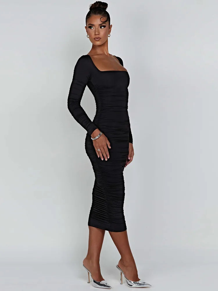 Ruched Square Collar Bodycon Midi Dress Rown