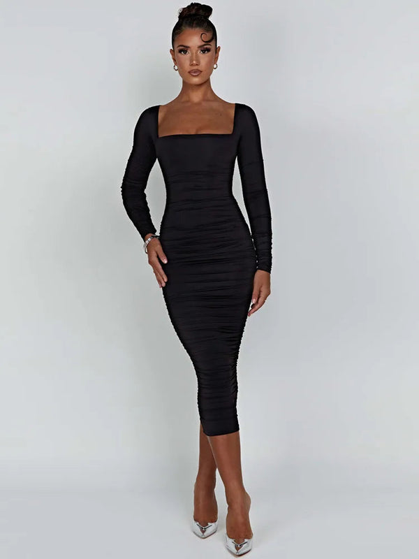 Ruched Square Collar Bodycon Midi Dress - Rown