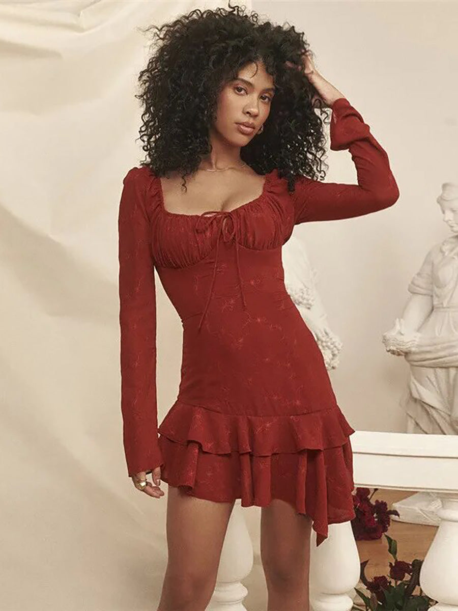 Ruffles Lace-up Print Backless Mini Dress Rown