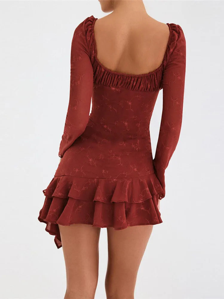 Ruffles Lace-up Print Backless Mini Dress Rown