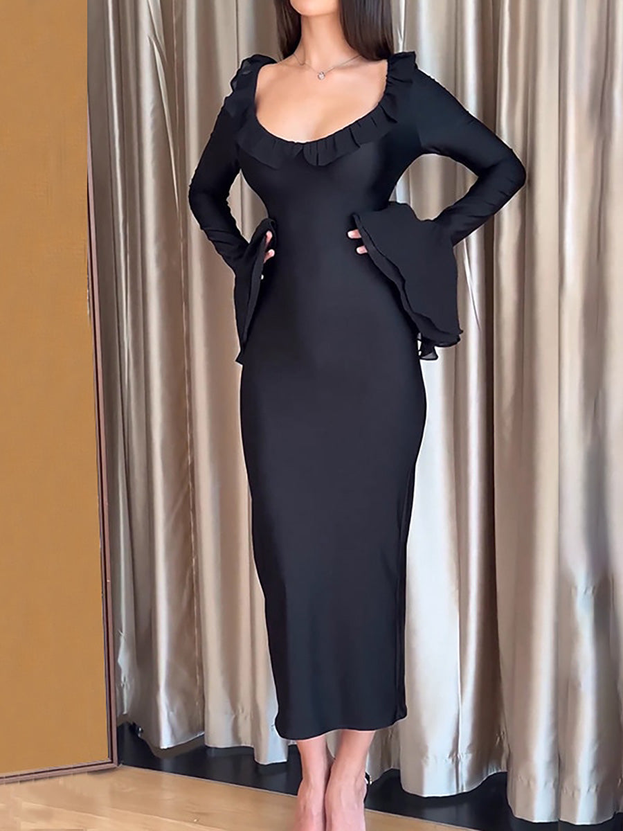 Ruffles Long Sleeve Black Bandage Maxi Dress Rown