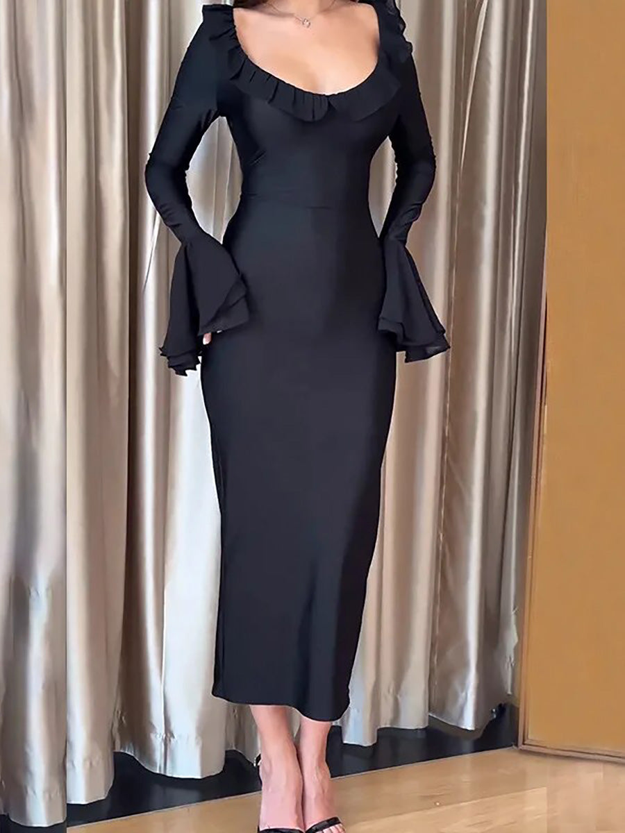 Ruffles Long Sleeve Black Bandage Maxi Dress Rown