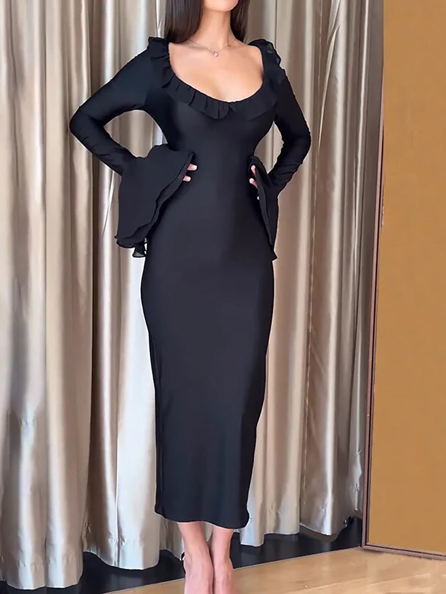 Ruffles Long Sleeve Black Bandage Maxi Dress Rown