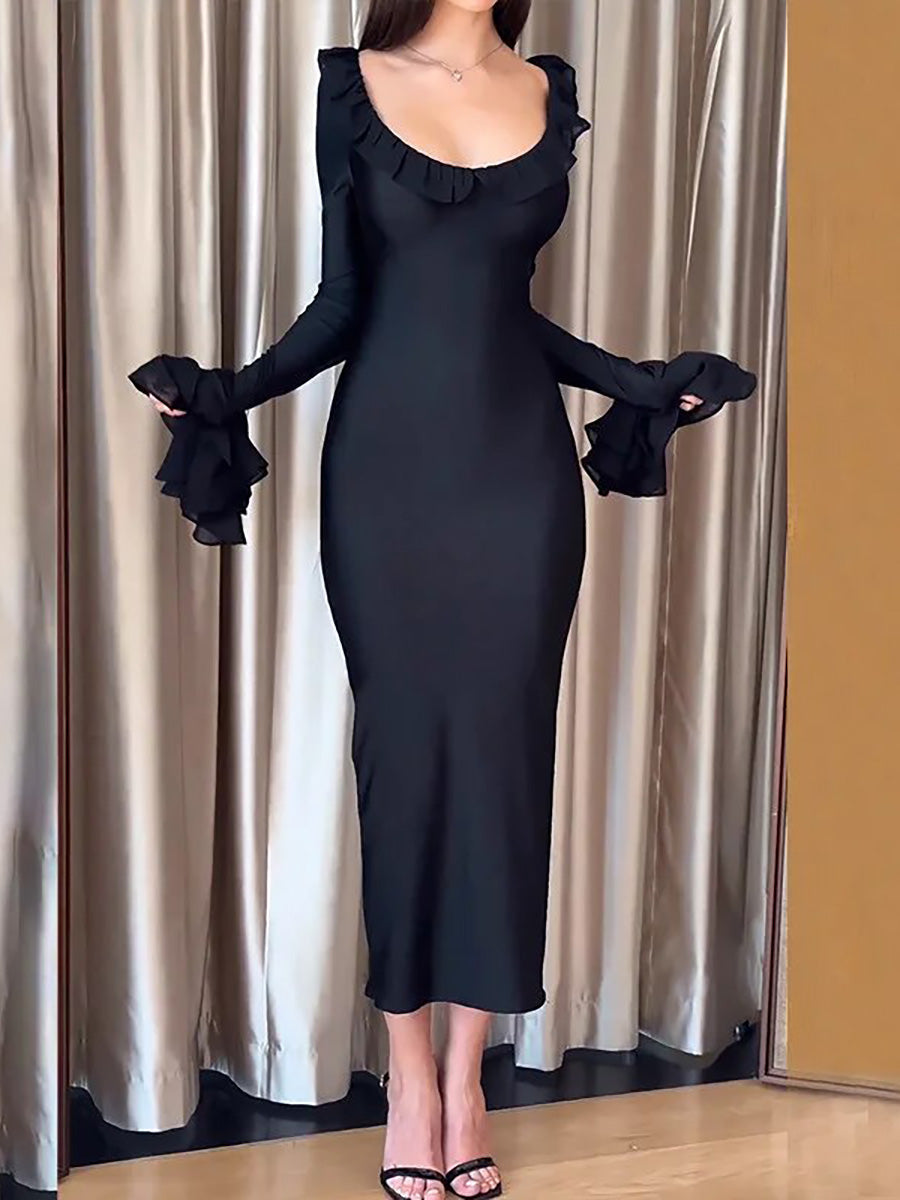 Ruffles Long Sleeve Black Bandage Maxi Dress Rown