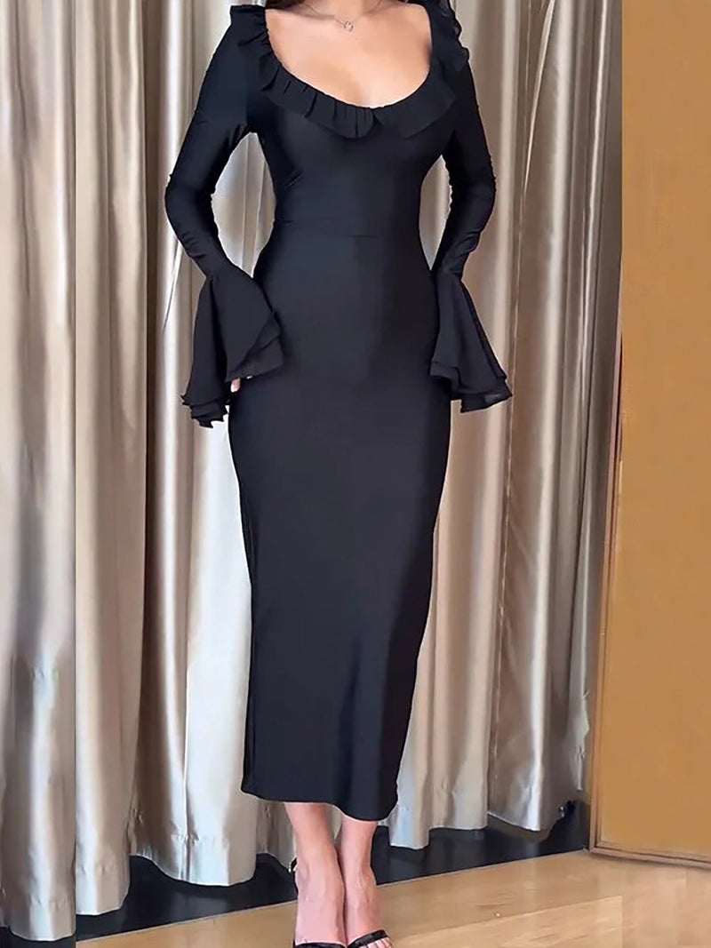 Ruffles Long Sleeve Black Bandage Maxi Dress - Rown