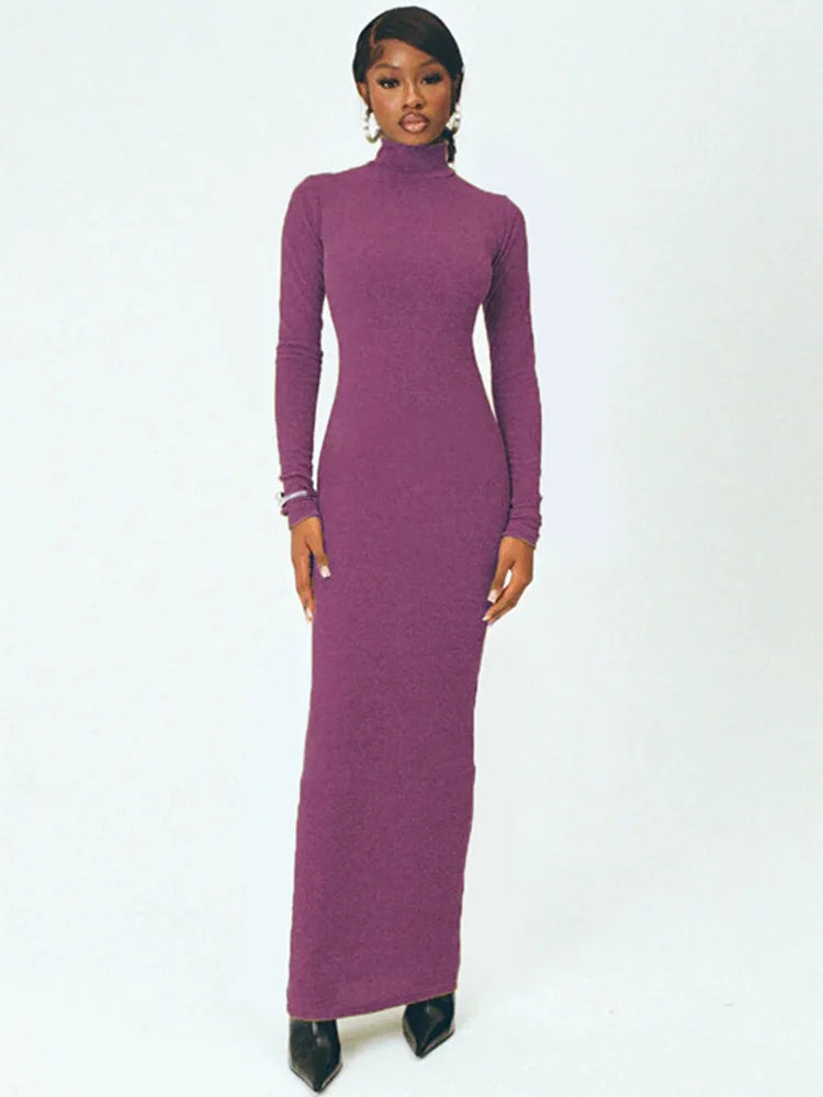 Elegant Turtleneck Long Sleeve Solid Slim Fit High Waist Maxi Dress Seroun