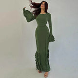 Lace-up Long Flare Sleeve O Neck Loose Ruffled Maxi Dress