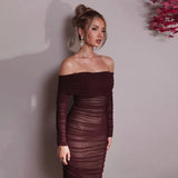 Off-shoulder Long Sleeve Strapless Backless Ruched Maxi Dress