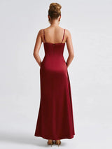 Elegant Satin Split Spaghetti Strap Sleeveless Backless Bodycon Maxi Dress