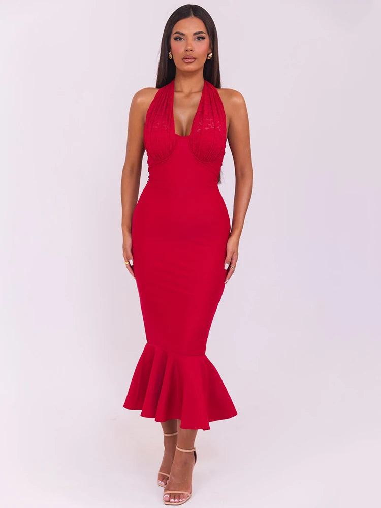 Sleeveless Fishtail Halter Deep V Neck Backless Maxi Dress