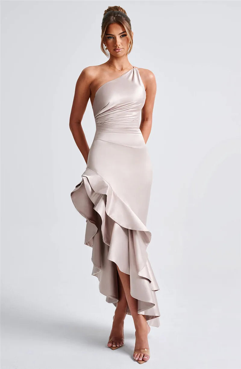 Elegant Ruffled High Split Diagonal Collar Sleeveless Backless Evening Maxi Dress