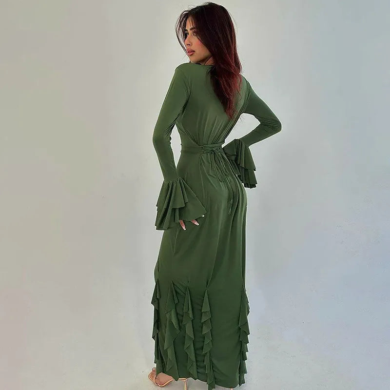 Lace-up Long Flare Sleeve O Neck Loose Ruffled Maxi Dress