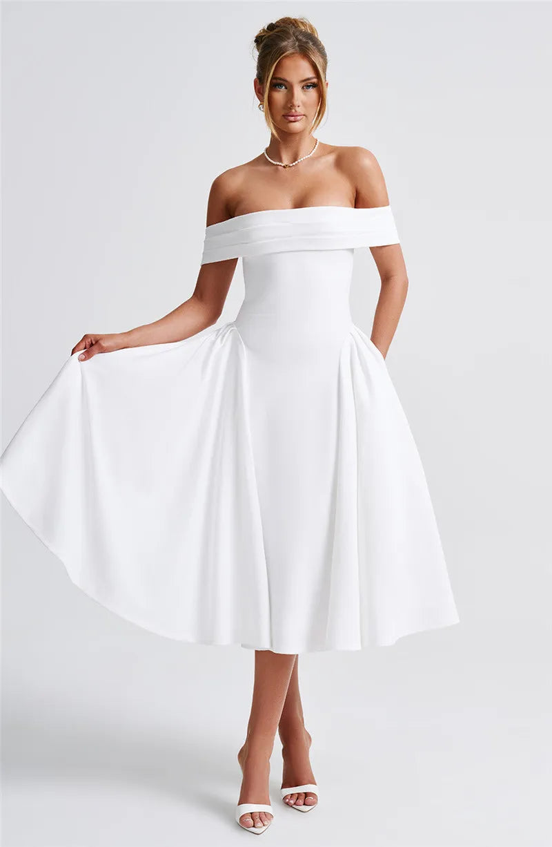 Off-shoulder Backless Solid Strapless Sleeveless A-line Loose Pleated Maxi Dress