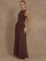 Elegant Sleeveless Solid Boat Neck Tank Ruched Maxi Dress