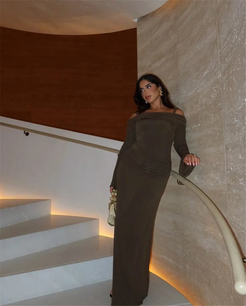 Off-shoulder Long Sleeve Strapless Spaghetti Strap Backless Maxi Dress