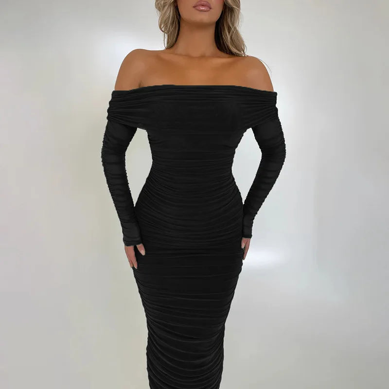 Off-shoulder Long Sleeve Strapless Backless Ruched Maxi Dress