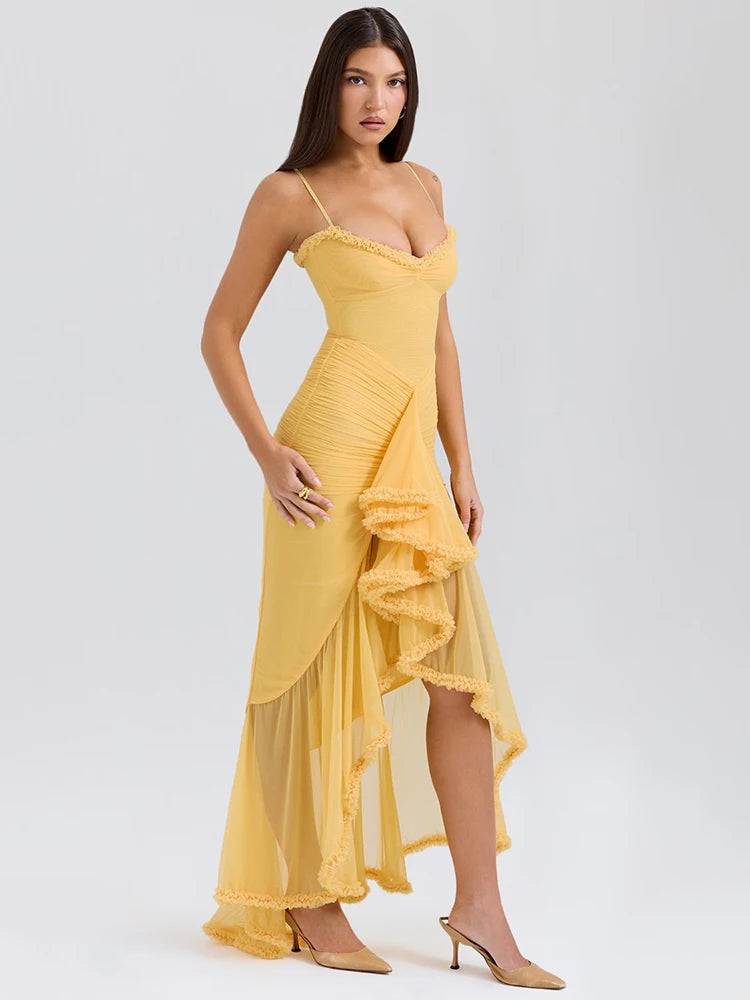 Ruffled Draped Ruched Yellow Spaghetti Strap Sleeveless Backless Maxi Dress