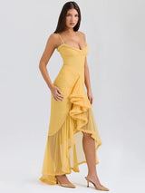 Ruffled Draped Ruched Yellow Spaghetti Strap Sleeveless Backless Maxi Dress