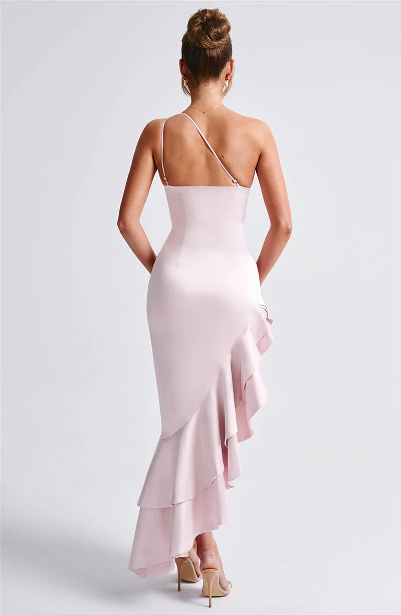 Elegant Ruffled High Split Diagonal Collar Sleeveless Backless Evening Maxi Dress