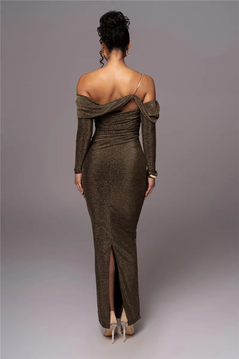 Off-shoulder Long Sleeve Strapless Backless Back Slit Evening Maxi Dress