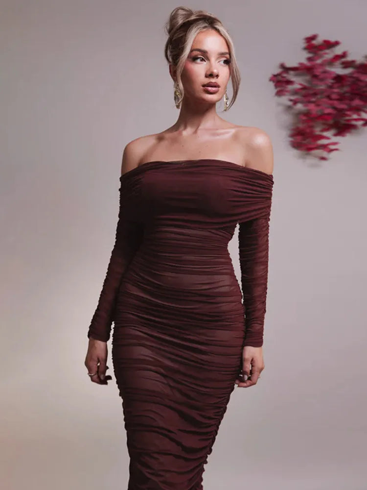 Off-shoulder Long Sleeve Strapless Backless Ruched Maxi Dress