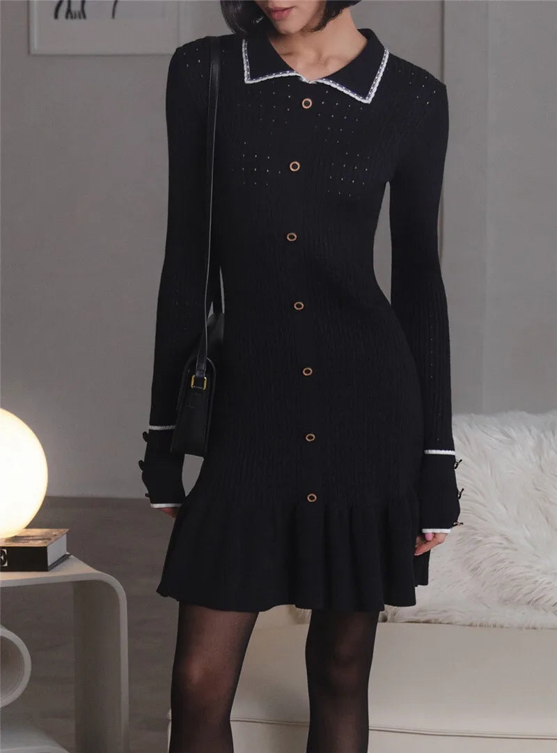 Long Sleeve Lapel Single-Breasted Button Ruffled Knit Mini Dress Seroun