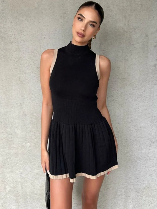 Half High Collar Sleeveless A-line High Waist Tank Mini Dress