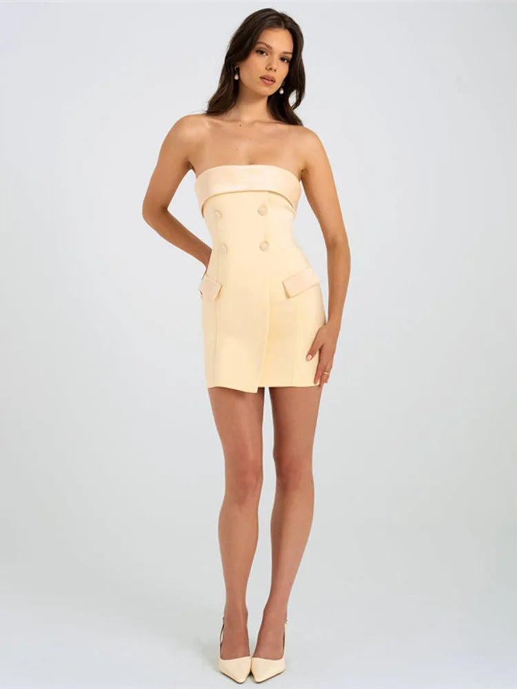 Off-shoulder Strapless Two Pocket Backless Slim Mini Dress