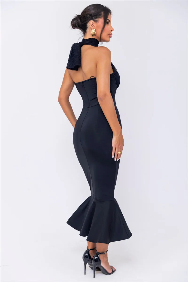 Sleeveless Fishtail Halter Deep V Neck Backless Maxi Dress