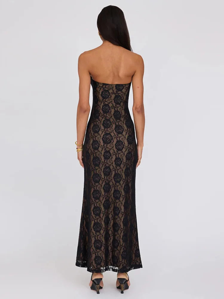 Hollow Out Lace Off-shoulder Strapless Sleeveless Backless Bodycon Maxi Dress