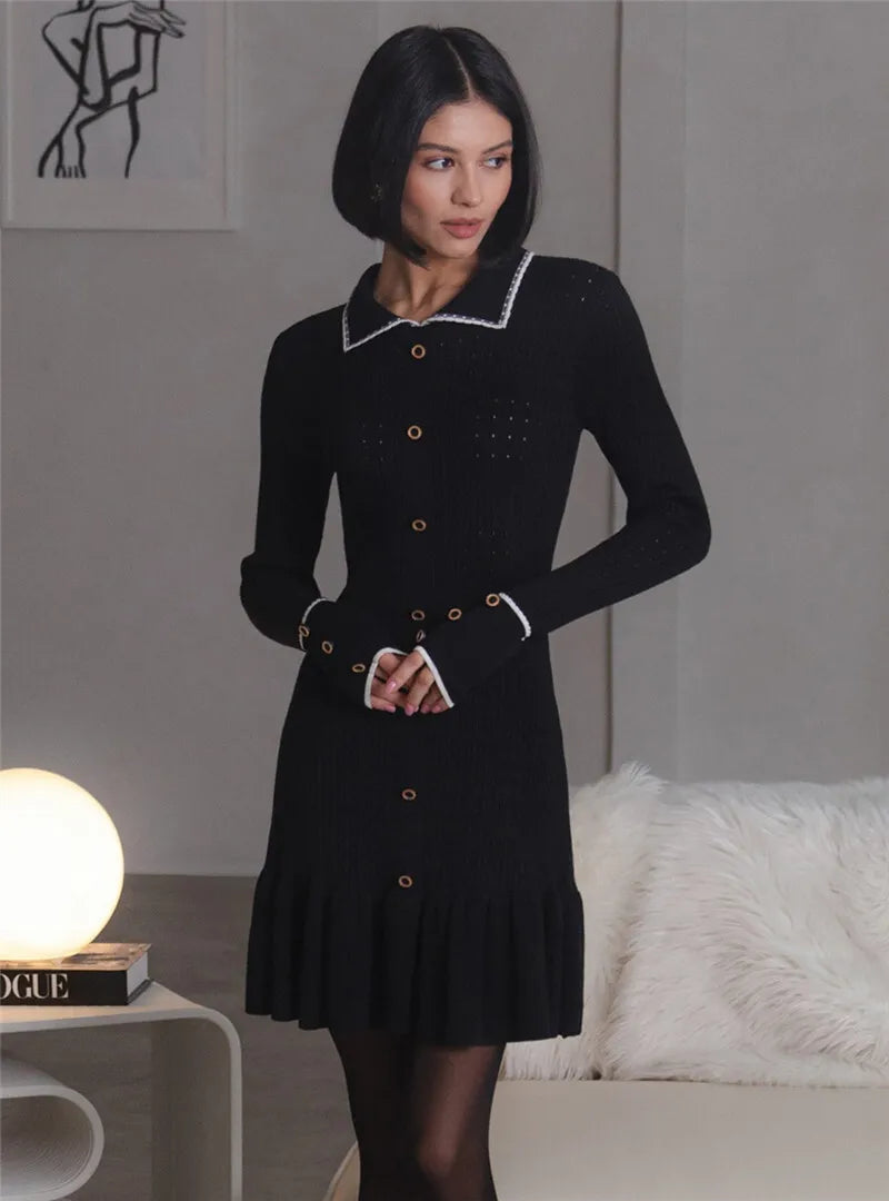 Long Sleeve Lapel Single-Breasted Button Ruffled Knit Mini Dress Seroun