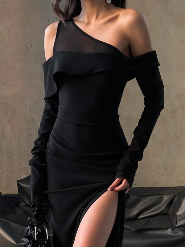 Black Oblique Shoulder Split Solid Backless Long Sleeve Evening Maxi Dress Seroun