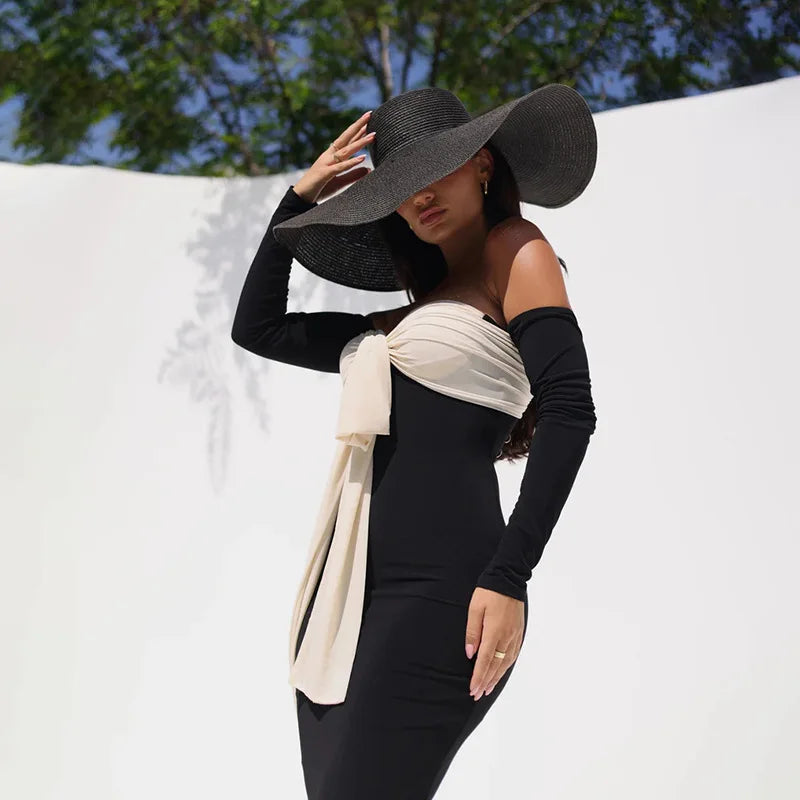 Patchwork Off-shoulder Contrast Color Strapless Long Sleeve Maxi Dress