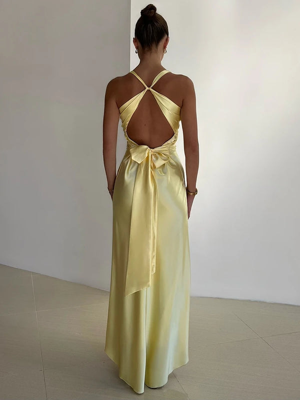 Satin Bow Backless V Neck Sleeveless Maxi Dress