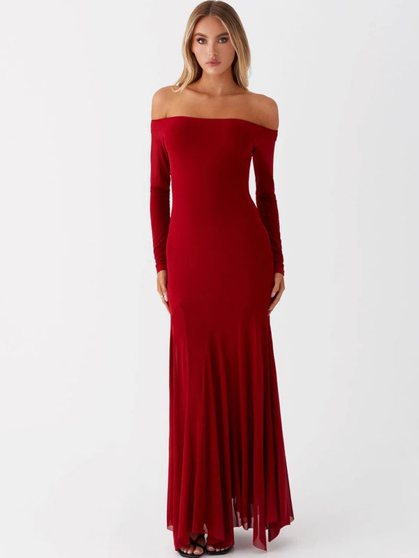 Off-shoulder Long Sleeve Strapless Backless Pleated Maxi Dress Seroun