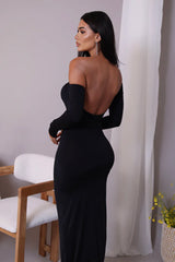 Diagonal Collar Long Sleeve Sparkle Backless Ruched Maxi Dress