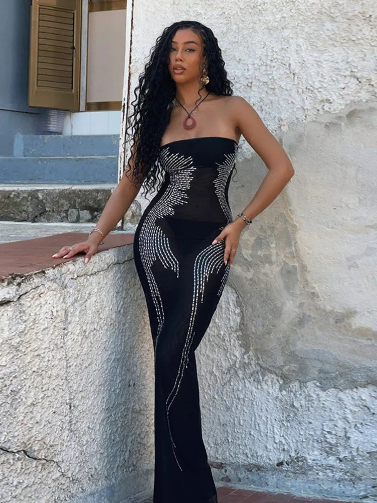 Off-shoulder Black Strapless Sleeveless Backless Bodycon Sequins Maxi Dress