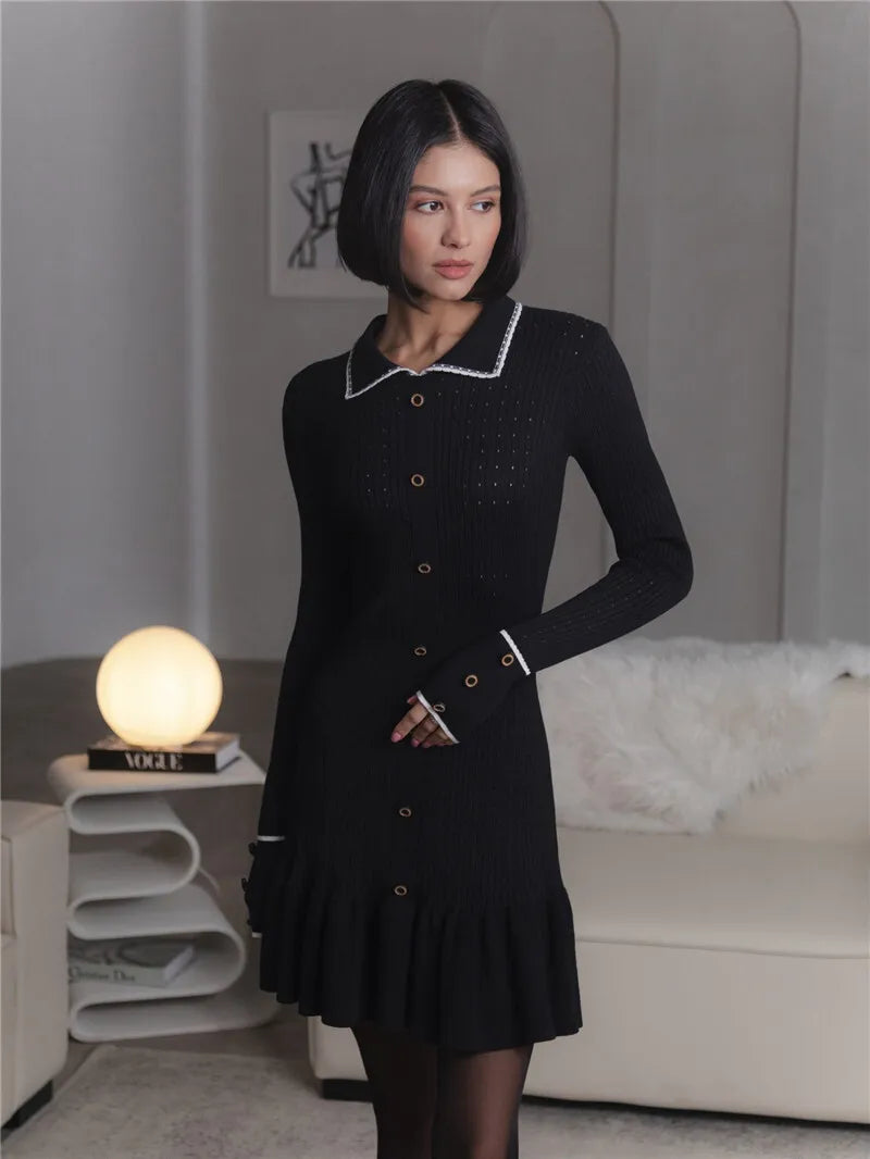 Long Sleeve Lapel Single-Breasted Button Ruffled Knit Mini Dress Seroun