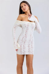 Off-shoulder Lace White Strapless Long Sleeve Backless Mini Dress