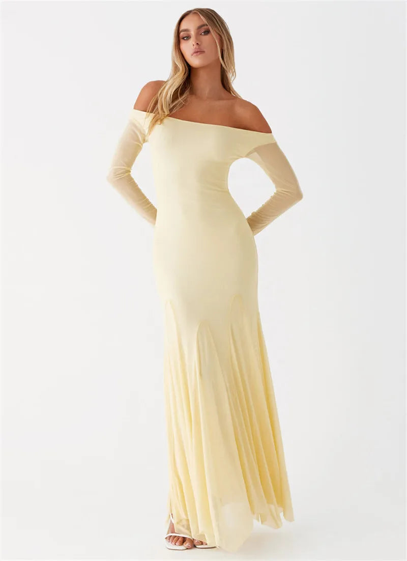 Off-shoulder Long Sleeve Strapless Backless Pleated Maxi Dress