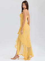 Ruffled Draped Ruched Yellow Spaghetti Strap Sleeveless Backless Maxi Dress