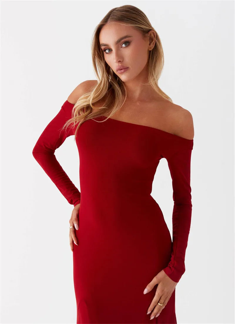 Off-shoulder Long Sleeve Strapless Backless Pleated Maxi Dress