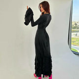 Lace-up Long Flare Sleeve O Neck Loose Ruffled Maxi Dress